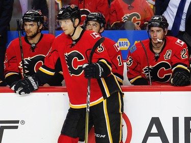 Calgary Flames react on the bench after giving  up a gaol to the Anaheim Ducks during 2017 Stanley Cup playoffs in Calgary, Alta., on Monday, April 17, 2017. AL CHAREST/POSTMEDIA