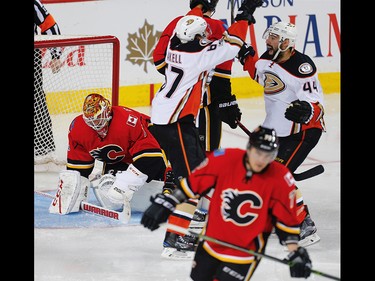 Calgary Flames goalie Brian Elliott reacts after giving up the OT winner to Corey Perry of Anaheim Ducks during the 2017 Stanley Cup playoffs in Calgary, Alta., on Monday, April 17, 2017. AL CHAREST/POSTMEDIA