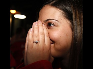 Calgary Flames fans reacts as the Ducks scored scored in OT to beat the Calgary Flames in game 3 at Trolley 5 Restaurant and Brewery on the Red Mile on Monday April 17, 2017. DARREN MAKOWICHUK/Postmedia Network