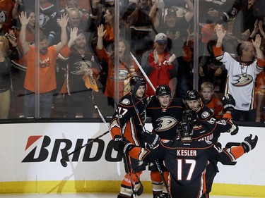 Anaheim Ducks celebrates left wing Jakob Silfverberg's goal against the Calgary Flames during the first period in Game 2 of a first-round NHL hockey Stanley Cup playoff series in Anaheim, Calif., Saturday, April 15, 2017. (AP Photo/Chris Carlson) ORG XMIT: ANA103