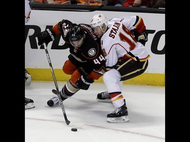 Anaheim Ducks center Nate Thompson, left, competes against Calgary Flames center Matt Stajan for the puck during the first period in Game 2 of a first-round NHL hockey Stanley Cup playoff series in Anaheim, Calif., Saturday, April 15, 2017. (AP Photo/Chris Carlson) ORG XMIT: ANA106