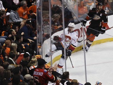 Calgary Flames center Mikael Backlund celebrates after scoring against the Anaheim Ducks during the first period in Game 2 of a first-round NHL hockey Stanley Cup playoff series in Anaheim, Calif., Saturday, April 15, 2017. (AP Photo/Chris Carlson) ORG XMIT: ANA107