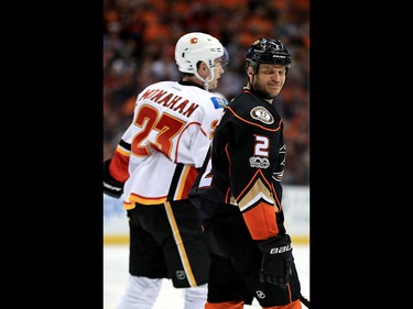 ANAHEIM, CA - APRIL 15:  Kevin Bieksa #2 of the Anaheim Ducks shows displeasure in a call  as Sean Monahan #23 of the Calgary Flames skates past uring the second period of Game Two of the Western Conference First Round during the 2017 NHL Stanley Cup Playoffs at Honda Center on April 15, 2017 in Anaheim, California.  (Photo by Sean M. Haffey/Getty Images)