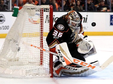 ANAHEIM, CA - APRIL 15:  John Gibson #36 of the Anaheim Ducks blocks a shot on goal during the second period of Game Two of the Western Conference First Round against the Calgary Flames  during the 2017 NHL Stanley Cup Playoffs at Honda Center on April 15, 2017 in Anaheim, California.  (Photo by Sean M. Haffey/Getty Images)