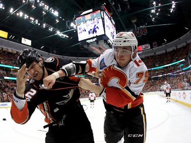 ANAHEIM, CA - APRIL 15:  Micheal Ferland #79 of the Calgary Flames punches Kevin Bieksa #2 of the Anaheim Ducks during the second period of Game Two of the Western Conference First Round during the 2017 NHL Stanley Cup Playoffs at Honda Center on April 15, 2017 in Anaheim, California.  (Photo by Sean M. Haffey/Getty Images)