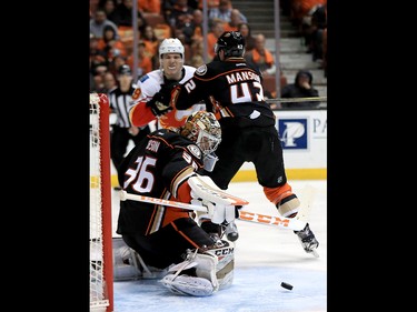 ANAHEIM, CA - APRIL 15:  John Gibson #36 of the Anaheim Ducks blocks a shot on goal during the second period of Game Two of the Western Conference First Round against the Calgary Flames during the 2017 NHL Stanley Cup Playoffs at Honda Center on April 15, 2017 in Anaheim, California.  (Photo by Sean M. Haffey/Getty Images)