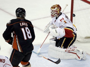 Anaheim Ducks right wing Patrick Eaves, left, watches Ryan Getzlaf's go-ahead goal get past Calgary Flames goalie Brian Elliott during the third period in Game 2 of a first-round NHL hockey Stanley Cup playoff series in Anaheim, Calif., Saturday, April 15, 2017.  The Ducks won 3-2. (AP Photo/Chris Carlson) ORG XMIT: ANA118