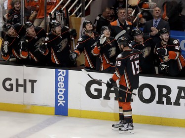 Anaheim Ducks center Ryan Getzlaf (15) celebrates after scoring the go-head goal against the Calgary Flames during the third period in Game 2 of a first-round NHL hockey Stanley Cup playoff series in Anaheim, Calif., Saturday, April 15, 2017. The Ducks won 3-2. (AP Photo/Chris Carlson) ORG XMIT: ANA120