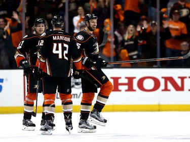 ANAHEIM, CA - APRIL 15:  Hampus Lindholm #47, Nate Thompson #44, and Ryan Getzlaf #15 of the Anaheim Ducks look on after defeating the Calgary Flames 3-2 during Game Two of the Western Conference First Round during the 2017 NHL Stanley Cup Playoffs at Honda Center on April 15, 2017 in Anaheim, California.  (Photo by Sean M. Haffey/Getty Images)