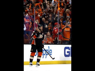 ANAHEIM, CA - APRIL 15:  Ryan Getzlaf #15 of the Anaheim Ducks looks on after scoring a goal during the third period of Game Two of the Western Conference First Round against the Calgary Flames during the 2017 NHL Stanley Cup Playoffs at Honda Center on April 15, 2017 in Anaheim, California.  (Photo by Sean M. Haffey/Getty Images)