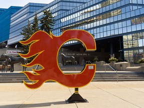 Calgary Flames statue in front of the Municipal Building in Calgary on Friday, April 14, 2017.