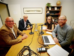 Former Ward 10 alderman Ray Clark and former Mayor Al Duerr, back left, with Postmedia journalists Annalise Klingbeil and Trevor Howell tape the first episode of The Confluence podcast.