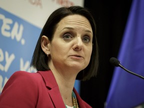 Minister of Children's Services Danielle Larivee speaks during Children First Canada's 'The Kids are Not Alright' panel discussion at the Westin hotel in downtown Calgary, Alta., on Wednesday, April 5, 2017. The panel luncheon was a joint effort with the Economic Club of Canada aiming to spark action to improve the lives of impoverished kids in Canada. Lyle Aspinall/Postmedia Network