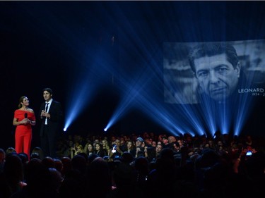 Prime Minister Justin Trudeau and his wife Sophie Gregoire Trudeau take to the stage to introduce a tribute to Leonard Cohen at the Juno awards show Sunday April 2, 2017 in Ottawa.