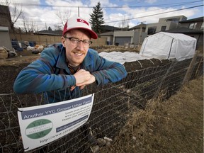 Kye Kocher, president of YYC Growers and Distributors, hangs out in his backyard garden in Calgary, Alta., on Monday, April 3, 2017. Kocher hopes to double his urban farming customer base to nearly 1,000 families this year. Lyle Aspinall/Postmedia Network