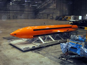 VALPARAISO, FL - MARCH 11:  In this handout provided by the Department of Defense (DoD), A Massive Ordnance Air Blast (MOAB) weapon is prepared for testing at the Eglin Air Force Armament Center on March 11, 2003 in Valparaiso, Florida. The MOAB is a precision-guided munition weighing 21,500 pounds and will be dropped from a C-130 Hercules aircraft for the test. It will be the largest non-nuclear conventional weapon in existence. The MOAB is an Air Force Research Laboratory technology project that began in fiscal year 2002 and is to be completed this year.