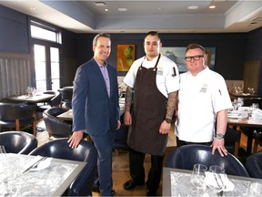 (L-R) Mark Wilson, GM and Vice President, Sean Cutler, Executive Chef and Jan Hansen, Executive Chef pose in the Oxbow dining room located at Kensington Riverside Inn in northwest Calgary, Alta on Thursday March 30, 2017. Jim Wells//Postmedia