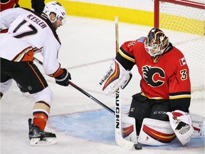 Calgary Flames goaltender Chad Johnson stops this scoring chance by the Anaheim Mighty Ducks' Ryan Kesler at the Scotiabank Saddledome in Calgary on Thursday December 29, 2016. The Flames host the Ducks on Sunday.