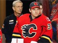 Calgary Flames Jon Gillies during a break in play while facing the Boston Bruins in NHL hockey in Calgary, Alta. on Wednesday March, 15, 2017.