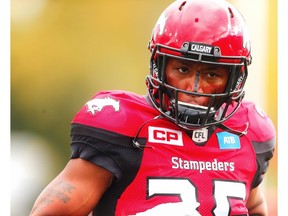 Calgary Stampeders cornerback Tommie Campbell runs onto the field during player introductions before facing the Ottawa Redblacks in Calgary on Sept. 17, 2016. (Al Charest)