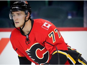 Calgary Flames Mark Jankowski in warm up before facing the Vancouver Canucks in preseason hockey in Calgary, Alta., on Friday, September 30, 2016. Jankowski helped the Stockton Heat qualify for the AHL Playoffs.