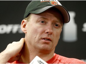 Calgary Flames coach Glen Gulutzan speaks to reporters during NHL practice at the Scotiabank Saddledome in Calgary, Alta., on Tuesday, April 18, 2017.