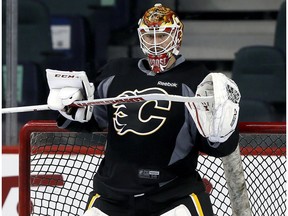 Calgary Flames goalie Brian Elliott during practice at the Scotiabank Saddledome  on Tuesday.