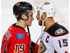 Calgary Flames Matthew Tkachuk and Anaheim Ducks Ryan Getzlaf during the hand shake after game 4 of the 2017 Stanley Cup playoffs in Calgary, Alta., on Wednesday, April 19, 2017.