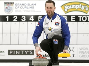 Newfoundland and Labrador's skip Brad Gushue practices with teammates prior to the The Humpty's Champions Cup at WinSport Arena, Canada Olympic Park in Calgary, Alta., on Tuesday, April 25, 2017.