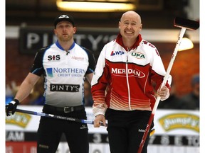 Kevin Koe reacts to a shot during the fourth end against Brad Jacobs at the Humpty's Champions Cup finals at WinSport Arena, Canada Olympic Park on Sunday, April 30, 2017. (Darren Makowichuk)