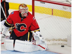 Calgary Flames goalie Brian Elliott reacts after giving up a goal to the Anaheim Ducks Monday night.