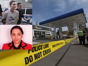 Insets from top left: Joshua Mitchell after his arrest; below, Maryam Rashidi, Backdrop: the Centex gas station on 16th Ave. NW where Rashidi was fatally injured.