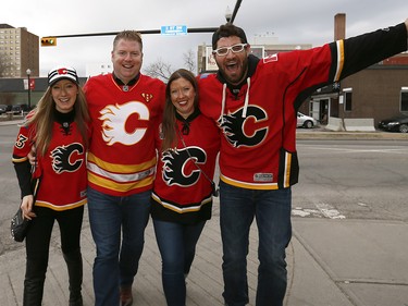 Flames fans were pumped as they makes their way to the Saddledome for game 3 along the Red Mile in Calgary on on Monday April 17, 2017. DARREN MAKOWICHUK/Postmedia Network