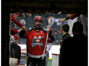 Calgary Roughnecks Dan MacRae leaves warm-up beforefacing the New England Black Wolves at the Scotiabank Saddledome in Calgary on March 25, 2017. (Leah Hennel)