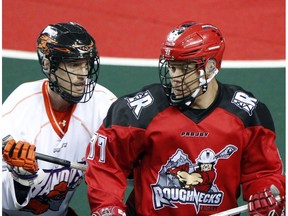 Roughnecks Jeff Shattler battles with Bandits Kevin Brownell as the Calgary Roughnecks battled the Buffalo Bandits at the Scotiabank Saddledome in Calgary, Alta., on April 8, 2017. Roughnecks 6 Bandits 1 in the second quarter.