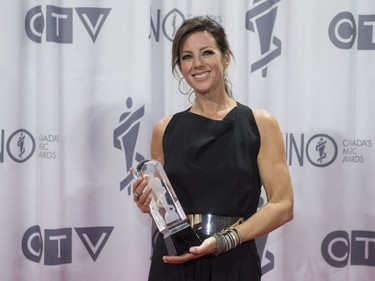 Sarah McLachlan poses with a Juno award after being named as the 2017 inductee into the Canadian Music Hall of Fame at the Juno awards show Sunday April 2, 2017 in Ottawa.
