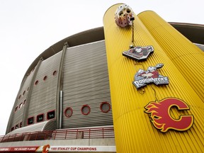 The Scotiabank Saddledome stands as home to the Calgary Flames in Calgary, Alta., on Saturday, April 1, 2017. Flames president and CEO Ken King told Sportsnet Fan 590 in Toronto that the team would move if a deal for a new arena can't be reached. Lyle Aspinall/Postmedia Network