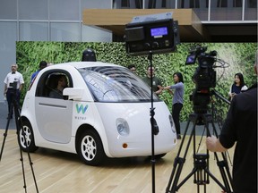 The Waymo driverless car is displayed during a Google event, Tuesday, Dec. 13, 2016, in San Francisco.