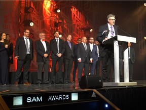 Trent Edwards, COO Alberta for Brookfield Residential, accepts the award for Grand SAM Builder of the Year at BILD Calgary Region's SAM (Sales and Marketing) Awards gala on Saturday at the Telus Convention Centre.