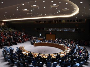 South Korea's Foreign Ministrer Yun Byung-se (C) speaks during a security council meeting on North Korea at the United Nations headquarters in New York on April 28, 2017.  US Secretary of State Rex Tillerson said Washington will push for a tougher global response to North Korea during a meeting Friday of the UN Security Council that will see China come under heavy pressure to rein in its ally.   /