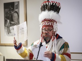 Piikani Nation Chief Stan Grier, seen here protesting the Keystone XL pipeline on May 17, says headdresses and face painting are sacred to the Blackfoot people.