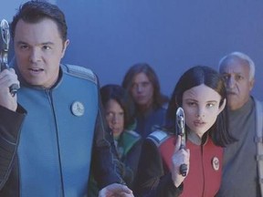 This image provided by Fox shows Seth MacFarlane, from left, Penny Johnson Jerald, Adrianne Palicki, Halston Sage and guest star Brian George in a scene from &ampquot;The Orville&ampquot;. Fox said Monday, May 15, 2017, its schedule will include the new space adventure starring and produced by MacFarlane. The series is set 400 years ahead and follows the adventures of an exploratory spaceship. (Fox via AP)