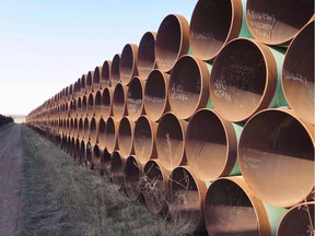 A yard in Gascoyne, N.D., which has hundreds of kilometres of pipes stacked inside it that are supposed to go into the Keystone XL pipeline, is shown on Wednesday, April 22, 2015. TransCanada says it remains fully committed to building the controversial Keystone XL pipeline that U.S. President Barack Obama rejected last year. THE CANADIAN PRESS/Alex Panetta ORG XMIT: CPT126