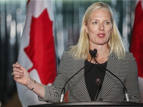 Environment minister Catherine McKenna, shown here in Calgary on May 25, 2017, must now decide whether a public review panel will conduct an environmental assessment of the Springbank dry dam. (THE CANADIAN PRESS/Jeff McIntosh)