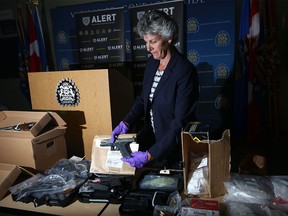 Insp. Patty McCallum speaks to members of the media about an ALERT seizure in Calgary on Thursday, May 25, 2017.
