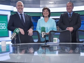 FILE PHOTO: B.C. NDP Leader John Horgan, left, Liberal Leader Christy Clark and B.C. Green Party Leader Andrew Weaver were still waiting for all the votes to be counted from the May 9 election.