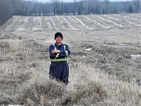 Brian Miller out in his unharvested canola crop field about 600 acres worth, he's like many other farmers who still have last falls harvest on the ground because of wet weather near Barrhead northwest of Edmonton, Monday, March 27, 2017.