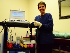 Calgary Pelvic Health Physiotherapist Merle Morton uses an Electromyography machine to evaluate the strength of her patients' pelvic floor muscles, to treat prolapse and other pelvic floor muscle disorders.
Photo taken on Monday April 24, 2017 at Merle Morton's Canadian Continence Clinic at the Allan Centre in Calgary.