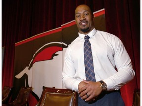 Calgary Stampeder Deron Mayo poses following the CUPS/Calgary Stampeders Kickoff Breakfast held at the Hyatt in Calgary on Wednesday May 10, 2017.   The breakfast brings together Calgary's corporate community to help raise money and awareness for CUPS, a not-for-profit organization that remains on the forefront of helping the most vulnerable individuals and families in our city.