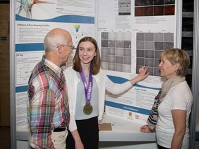 Colette Benko, grade 11 at St. Mary’s High School came home with a $1,000 Youth Can Innovate senior Award from the Gwyn Morgan and Patricia Trottier Family Foundation (pictured here), a gold medal and recognition as the Best Project of the entire Canada Wide Science Fair.  Photo supplied: Youth Can Innovate Award photo, Chrystal Pelletier, Regina, photographer.